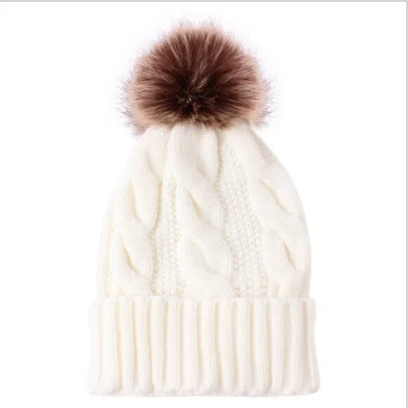 2/$30 White Cable-Knit Beanie Hat with Pom-Pom Autumn Winter Women Men Unisex - Picture 5 of 6